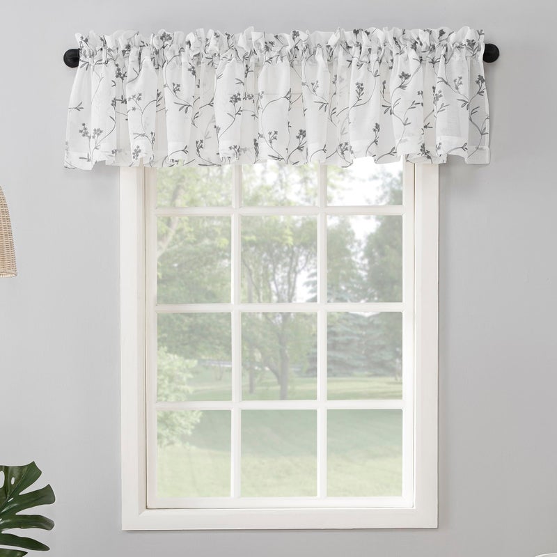 No. 918 Delia Embroidered Floral Sheer Rod Pocket Curtain Valance, 50" x 17", White - Image 1